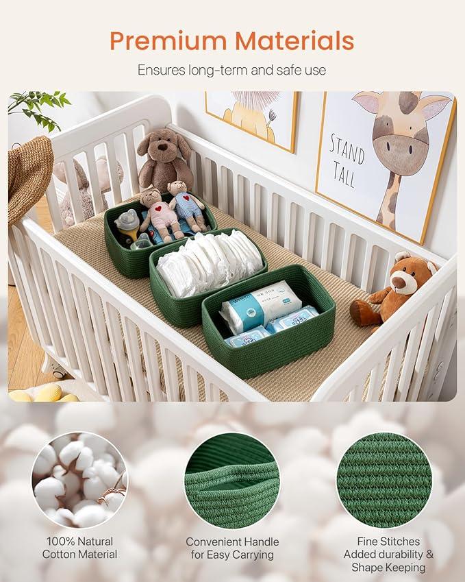 Small Woven Basket, 13.5 x 9.5 x 5 Inches, Storage Basket for Organizing, Cute Small Rope Shelf Closet Cube Storage Bins Baskets for Shelves, Dog Toy Gift Baskets Empty, 3 Pack, Green - ModernBath