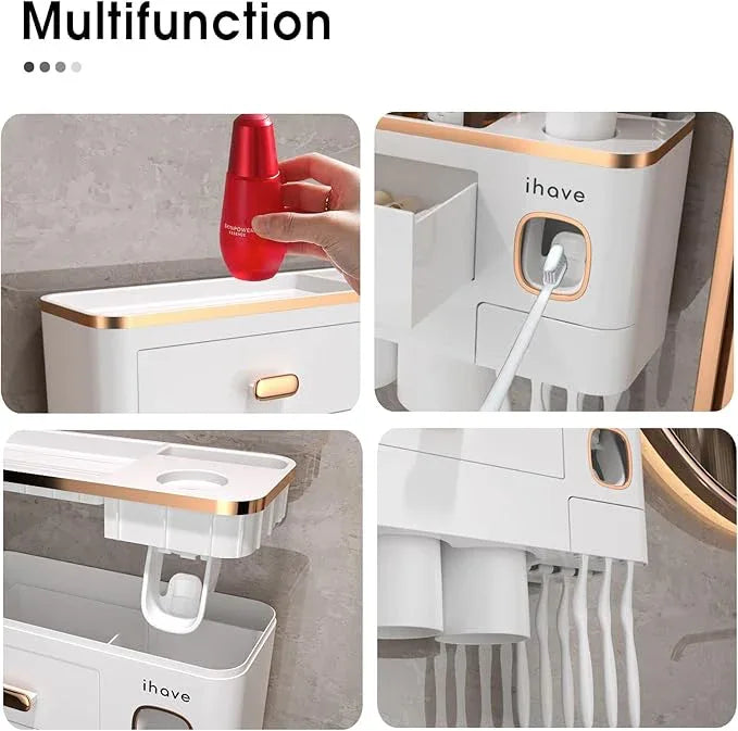 iHave Toothbrush Holders Wall Mounted with Toothpaste Dispenser & 2 Cups - Premium White and Gold Design for Bathroom Decor, All-in-One Bathroom Organizers & Storage for Toothbrushes and Accessories - ModernBath
