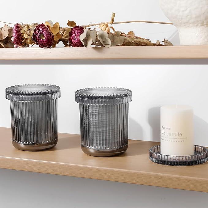 rejomiik Glass Qtip Holder Dispenser 2 Pack, Bathroom Canister Apothecary Jars with Lids, Vanity Makeup Accessories Storage Organizer for Cotton Swabs, Cotton Balls, Pads, Floss Picks, Gray - ModernBath