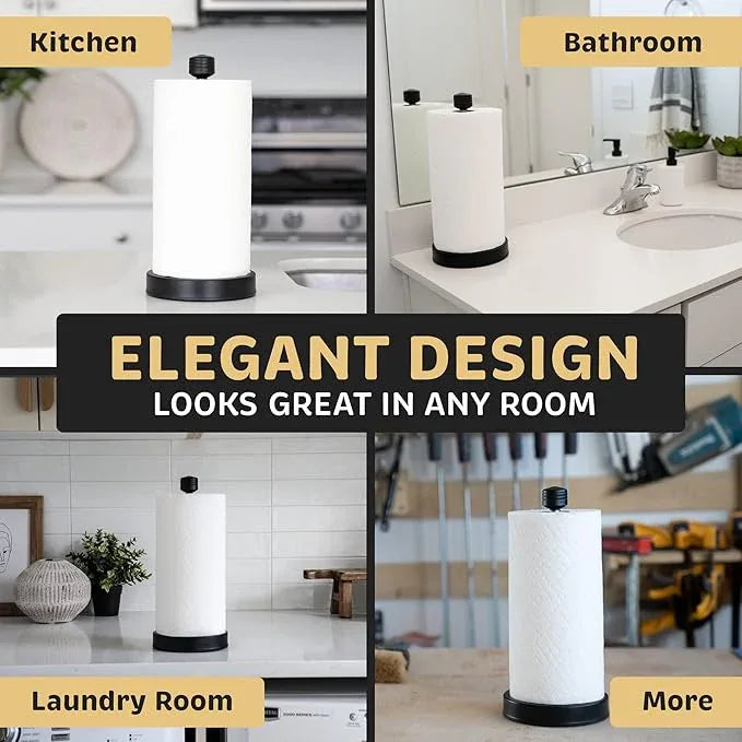 Dear Household Stainless Steel Paper Towel Holder Easy One-Handed Operation - This Sturdy Weighted Paper Towel Dispenser Countertop Model Has Suction Cups and Holds All Paper Towel Rolls - Black - ModernBath
