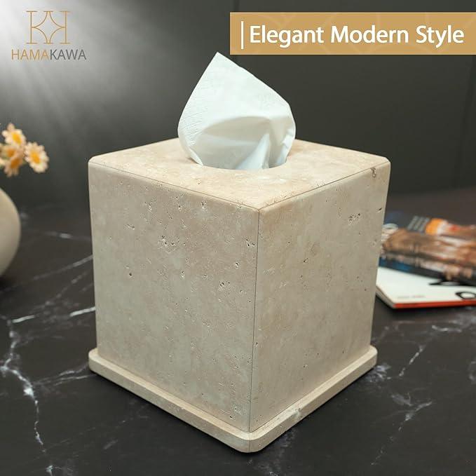 HAMAKAWA Natural Marble Tissue Box Cover, Beige Tissue Organizer 6 x 6 x 6 Inch, Heavy Stone Decorative Box, Square Tissue Box Holder for Home Decor, Kitchen, Bathroom, Bedroom - ModernBath