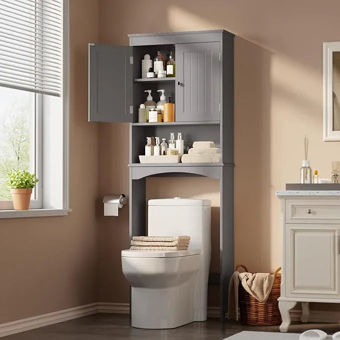 Gizoon Over The Toilet Storage Cabinet with Adjustable Shelf and Double Doors, Bathroom Space Saver Organizer Above Toilet with Open Shelf, Taller Wooden Free Standing Toilet Rack -Grey - ModernBath
