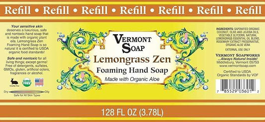 VERMONT SOAP Organics Foaming Hand Soap, Liquid Soap with Pre-diluted Formula - Ready to Use Lemongrass Hand Soap With Convenient and Economical Gallon Refill Size - ModernBath