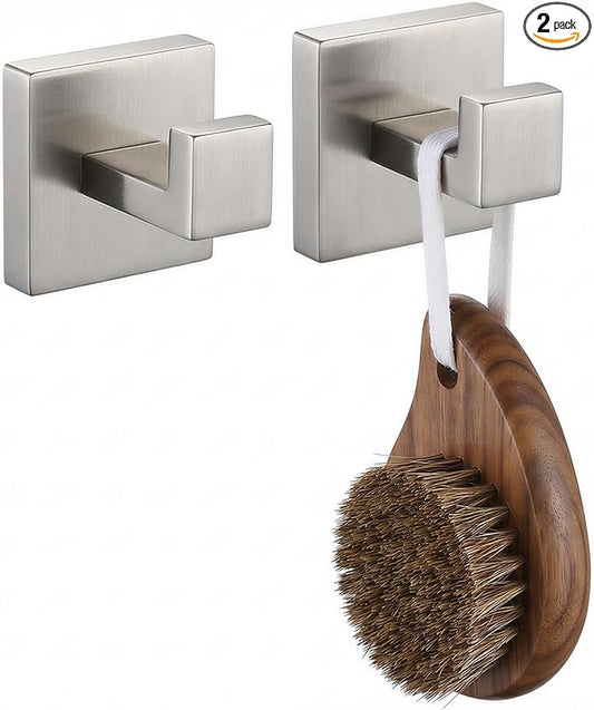 Hiuqixe Brushed Nickel Hand Towel Hook 2-Pack, Geometric Series - Stainless Steel Towel Hooks for Bathrooms, Modern Wall Mount Bath Towel Holder with Industrial SUS304 Core