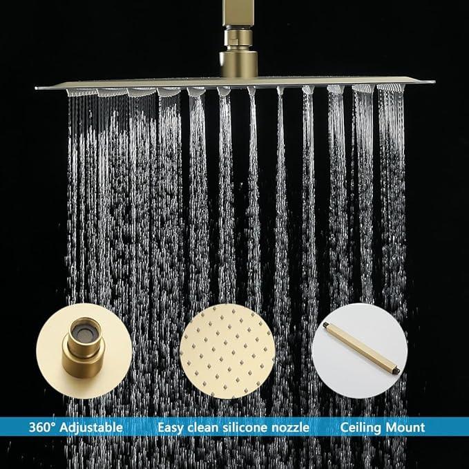 JingGang 12 Inch Ceiling Mount ‎Brushed Gold Shower System Bathroom Luxury Rain Mixer Shower Combo Set Ceiling Rainfall Shower Head System (Contain Shower Faucet Rough-in Valve Body and Trim Kit) - ModernBath
