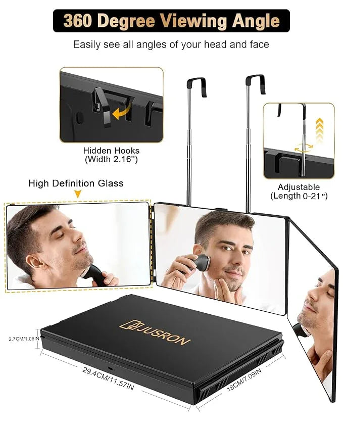 JUSRON 360 Viewing Angle Self Hair Cutting Mirror, Clear Anti-Fog HD Glass (Black Without LED Without Accessories) - ModernBath