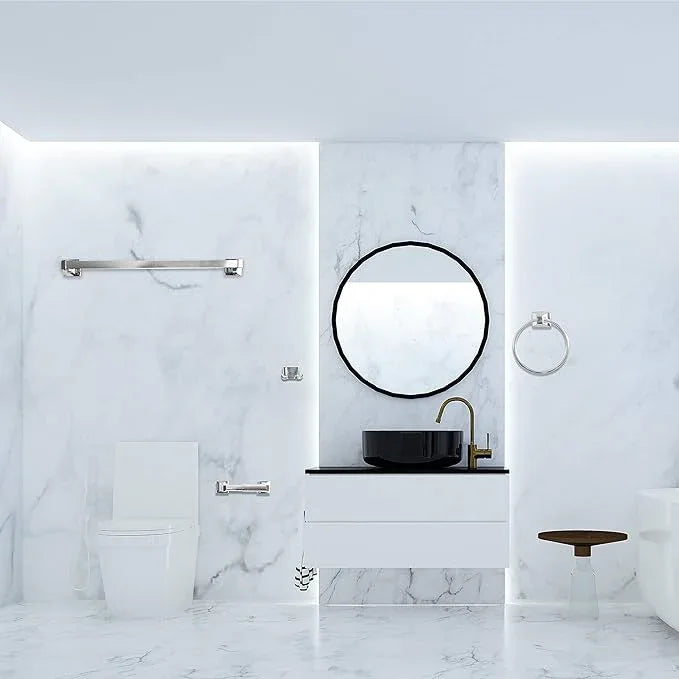 SENTO Cellar Classic Bathroom Accessories Set, Heavy Duty Metal Bath Hardware Set Wall Mounted, Includes Robe Hook, Standard Toilet Paper Holder, Towel Ring, 24” Towel Bar (4-Piece, Polished Chrome) - ModernBath