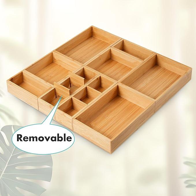 Fabsome Drawer Organizer, Set of 9 Bamboo Wood Kitchen Makeup Desk Junk Tea Drawer Storage Boxes Bins for Cutlery Silverware Utensils Flatware, Small Wooden Container Tray for Bathroom, Office - ModernBath
