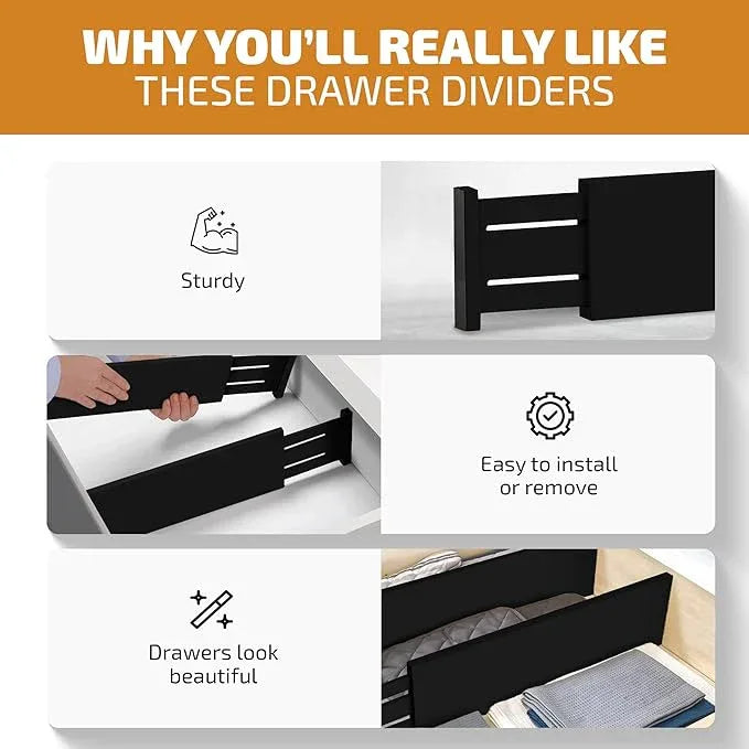 6 Pack Drawer Dividers 6 Inch High, 11”-17" Adjustable Bamboo Organizers Large Expandable Drawer Separators for Cloths, Dresser, Bedroom, Bathroom, Baby Drawer, Office & Kitchen Utensils (Black) - ModernBath