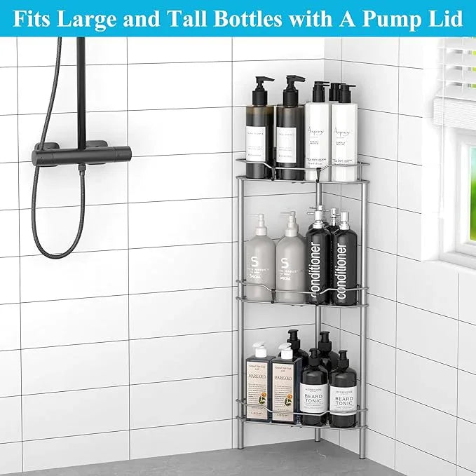 3 Tier Floor Standing Corner Shower Caddy Organizer Shelf with Hooks, Bathroom Shelves Stand Rack, Gray - ModernBath