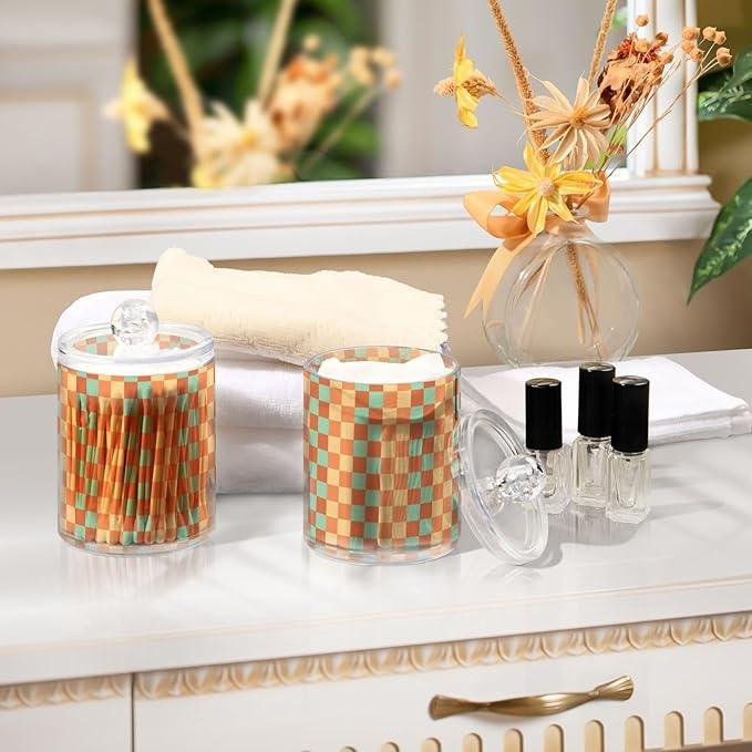 Tatenale Qtip Holder Bathroom Set Q tip Cotton Ball Swab Pad Dispenser Container Organizer Plastic Jars with Lids Storage 2Pack Retro Groovy Checkered - ModernBath