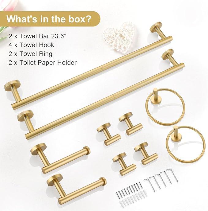 TQKAG Brushed Gold Bathroom Hardware Accessories Set 10-Pieces, Premium SUS304 Stainless Steel Bathroom Towel Bar Holder Set 23.6 Inch Round Towel Racks for Bathroom Wall Mounted - ModernBath