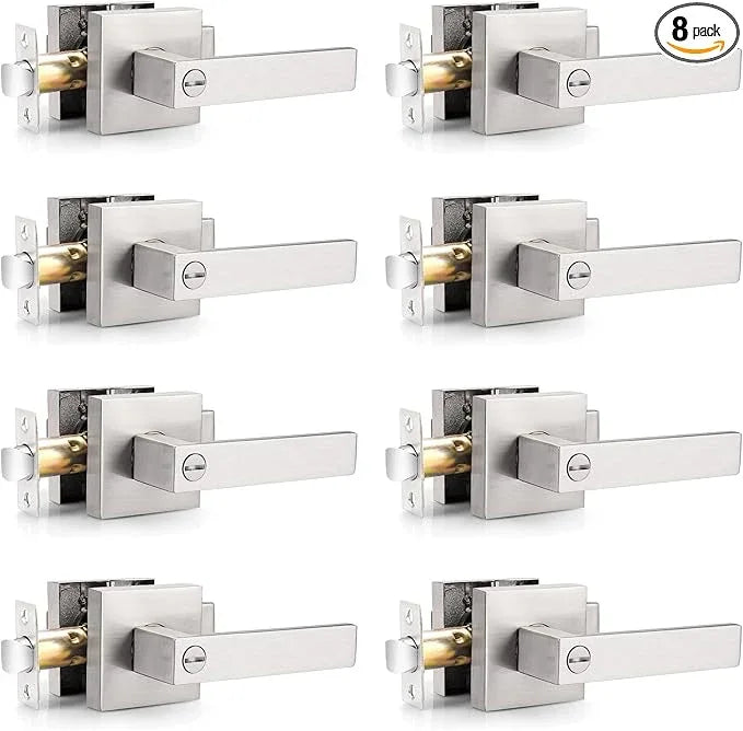 Probrico Interior Brushed Nickel Door Handle, Heavy Duty, Flat Square Privacy Door Handles, Keyless Door Levers Lockset for Bedroom and Bathroom (8 Pack, Modern) - ModernBath