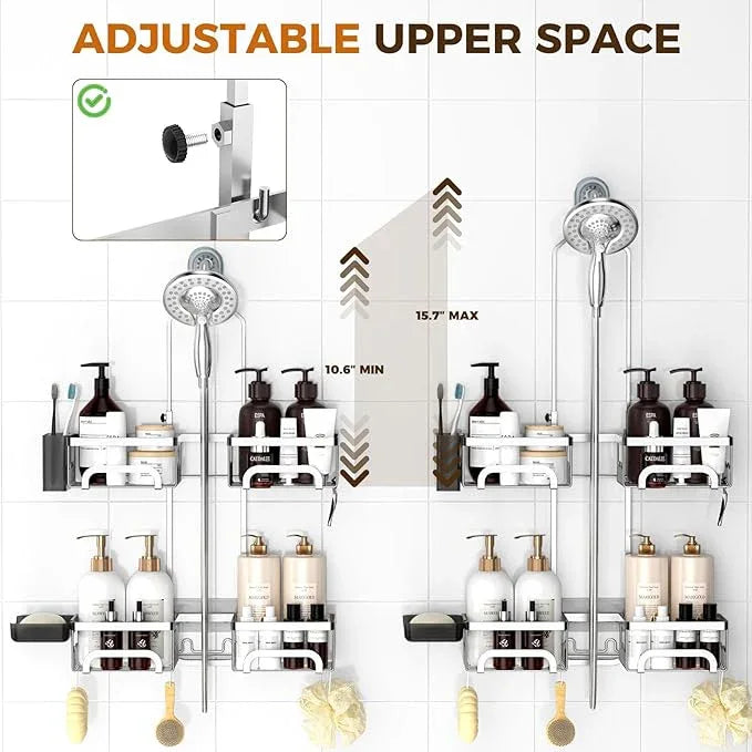 REINHARDT Adjustable Shower Caddy Hanging Split Shower Caddy for Handheld Showerheads, Rustproof Shower Organizer with Hooks for Razor Over the Head Caddy with Soap Holder Bathroom Accessories, Silver - ModernBath