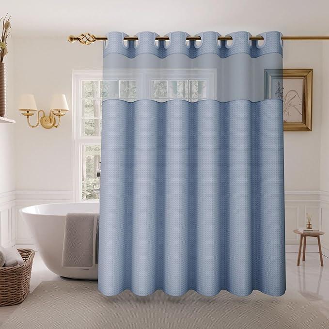 Inhousolu No Hook Shower Curtain with Snap in Fabric Liner Set Waffle Weave 230GSM Weighted Hem, Waterproof & Washable Bathroom Curtain Spa Luxury with Mesh Top Window 72" W x 72" L Moonlight Blue - ModernBath
