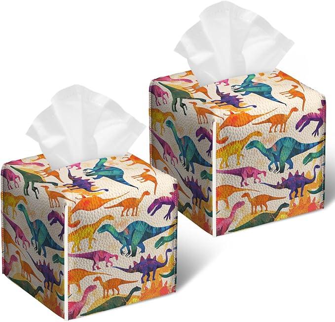 Cute Dinosaur Tissue Box Cover 2PCS, Leather Tissue Box Holder Square Facial Paper Case Tissue Box Cube Organizer for Bathroom Bedroom Desk Office - ModernBath