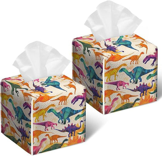 Cute Dinosaur Tissue Box Cover 2PCS, Leather Tissue Box Holder Square Facial Paper Case Tissue Box Cube Organizer for Bathroom Bedroom Desk Office - ModernBath