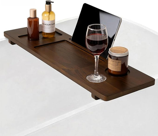 Teak Bathtub Tray - Large Wood Bath Caddy Tray 29" - Luxury Shower Organizer for Freestanding Bath - Adjustable Bathtub Trays for Home Spa Relaxation and Reading - Dark Walnut Color