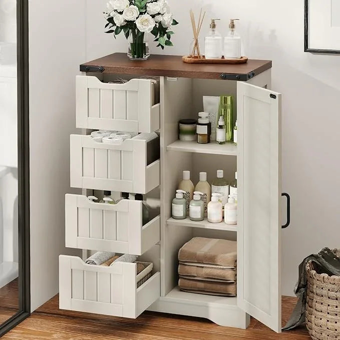 Vabches Farmhouse Bathroom Cabinet, Freestanding Storage Cabinet with 4 Drawers and 1 Door, Rustic Storage Organizer with Adjustable Shelf for Bathroom, Living Room, Entryway,White - ModernBath