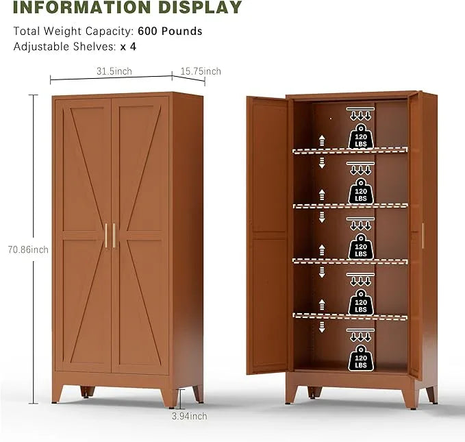 COFaR 5 Tier Metal Kitchen Storage Cabinets, 71" Pantry Cabinet with Doors and 4 Adjustable Shelves, Farmhouse Tall Cabinet for Pantry, Laundry Room,Living Room,Dinning Room (Antique Copper) - ModernBath