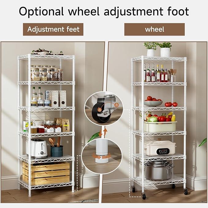 Small 6 Tier Shelf Storage Wire Shelving Unit Metal Shelves Adjustable Organizers Storage Shelving with Wheels for Bathroom Laundry Room Kitchen Pantry12”D x 18”W x 61.6”H White - ModernBath