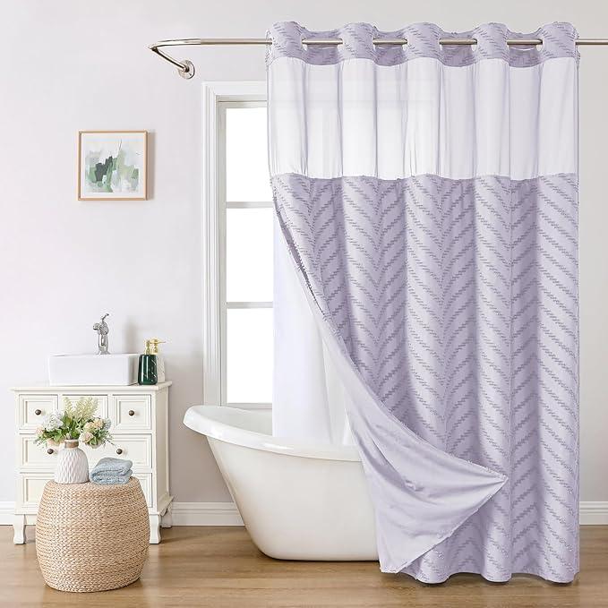 eachope Extra Long No Hook Boho Farmhouse Shower Curtain with Snap-in Fabric Liner set-71Wx86H(84H),Tufted Chevron Striped Hotel Grade Cloth Shower Curtains for Bathroom,Water Repellent,Lavender - ModernBath