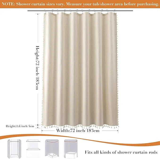 Nanspring Beige Boho Linen Shower Curtain 72 Inch Cute Tassel Natural Boho Vintage Rustic Fabric Bath Curtain Set with Hooks Neutral Farmhouse Country Elegant Shower Curtain for Bathroom 72x72, Beige - ModernBath