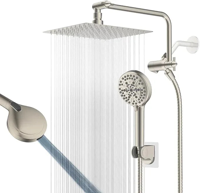 All Metal Shower Head, 10" High Pressure Rainfall/Handheld Shower Combo with 11" Extension Arm, 10-Spray Handheld Showerhead, 71" Long Hose, 3-Way Diverter Valve, Brushed Nickel - ModernBath