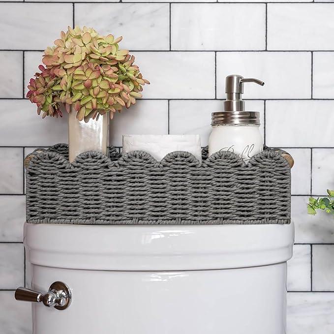 CubesLand Scalloped Edge Toilet Paper Storage Basket, Living Room Home Cozy Decor Basket, Paper Rope Small Baskets for Over Toilet Storage Shelf, End Table, Shelves, with 2 Wooden Handles, Grey - ModernBath