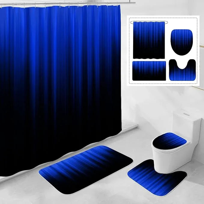 Litabel 4 Pcs Royal Blue and Black Gradient Shower Curtain Set with Rugs and Toilet Lid Cover, Modern Simple Waterproof Fabric Bathroom Set, Ombre Stripe Gothic Abstract Bathroom Decor Set Accessories - ModernBath