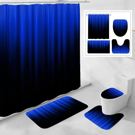 Litabel 4 Pcs Royal Blue and Black Gradient Shower Curtain Set with Rugs and Toilet Lid Cover, Modern Simple Waterproof Fabric Bathroom Set, Ombre Stripe Gothic Abstract Bathroom Decor Set Accessories - ModernBath