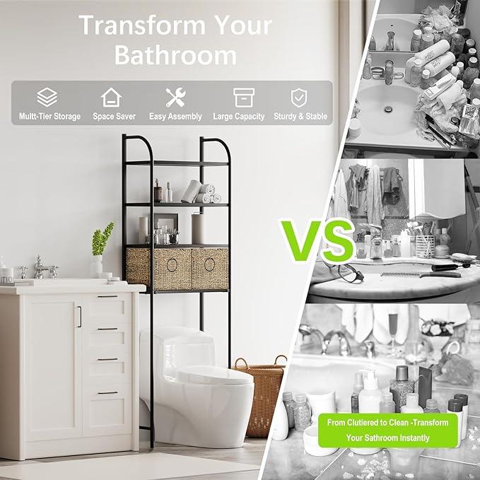 Zhongma 4-Tier Over The Toilet Storage with 2 Baskets, Metal Bathroom Organizers and Storage for Small Space, Slate and Weave - ModernBath