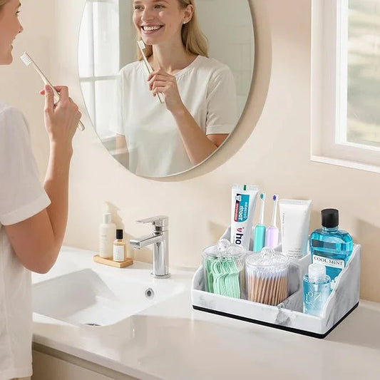 TuCao Marble Bathroom Countertop Organizer, Toothbrush Holders for Bathroom with 2PCS Qtip Holder Dispenser and Toothpaste Holder Drainage for Bathroom Accessories Organization Counter Vanity Storage - ModernBath