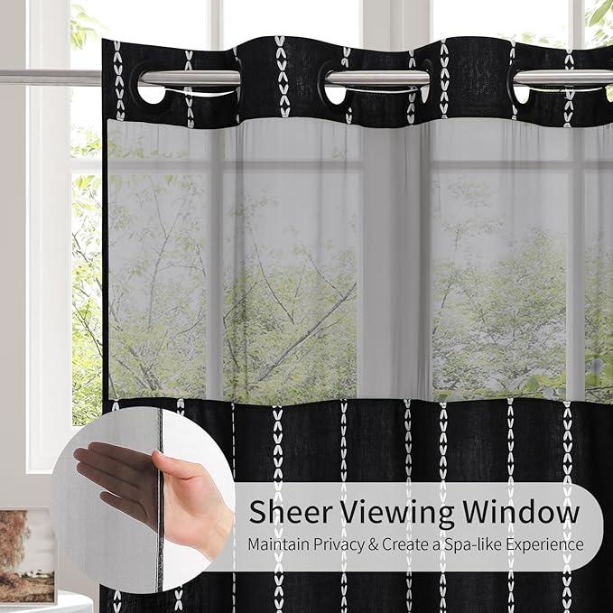 No Hooks Needed Farmhouse Shower Curtain with Snap-in Liner - with Window & Magnets, Boho Cotton Linen Fabric Shower Curtains with Tassels for Rustic Bathroom Decor, Black and White, 72 x 74 - ModernBath
