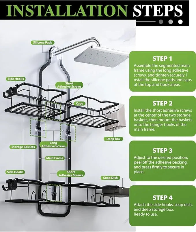 CUETWT Shower Caddy Hanging, Rustproof Shower Organizer Over Showerhead with Hooks for Razor & Sponge, Bathroom Storage Rack with Soap Holder for Shampoo - ModernBath