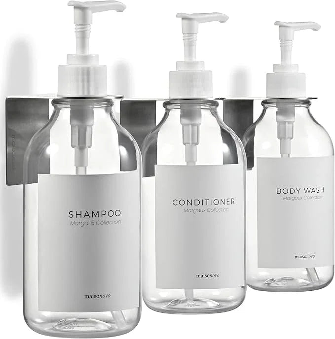 MaisoNovo Shampoo and Conditioner Dispenser - Shower Soap Dispenser Wall Mounted - 16.9 fl oz Set of 3 Clear Plastic Bottles White Pump - Shampoo Dispenser, Shower Dispenser 3 Chamber No Drill - ModernBath