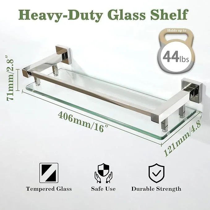 Alise Bathroom Glass Shelf with Stainless Steel Railing, Polished Chrome Small Tempered Glass Floating Wall Shelf Over The Toilet, 16 inch - ModernBath