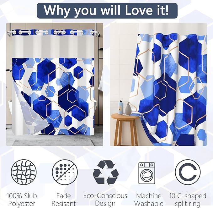 NAEMBCU No Hook Geometric Shower Curtain with Snap-in Liner, Blue and Gold Hexagons Bath Curtain with See Through Top, Waterproof Double Layer for Bathroom Decor, 71 x 74 Inch - ModernBath