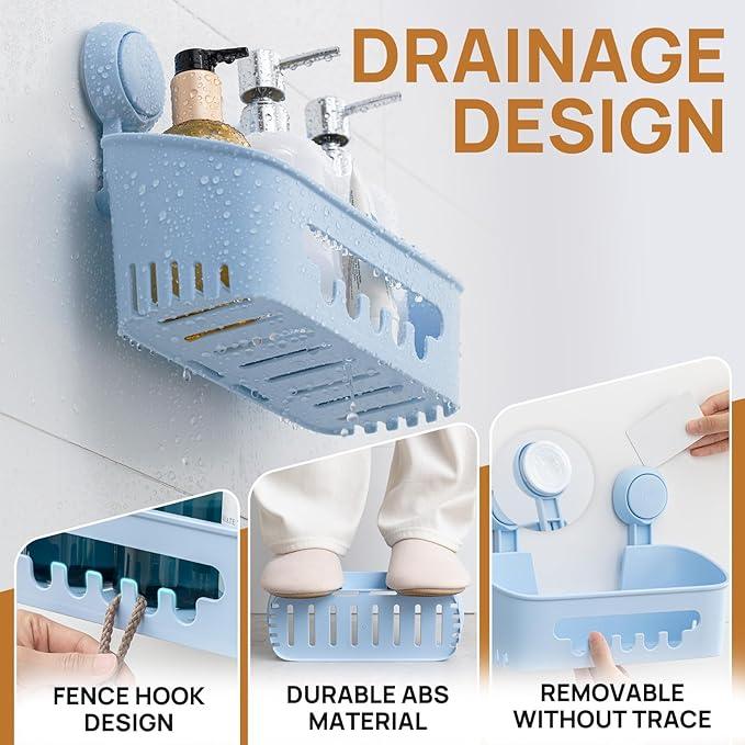 LEVERLOC Shower Caddy Suction Cup, Shower Organizer Removable Bathroom Shelf, Storage Suction Powerful Max Hold 22lbs Bathroom Caddy Waterproof Holder, Blue - ModernBath