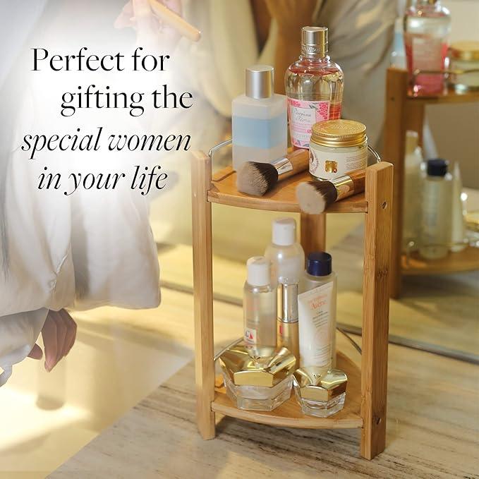 GOBAM Bamboo Shower Corner Caddy, Medium - 2 Tier Bathroom Organizer Countertop for Shampoo, Conditioner, Lotion, Soap - Standing Shower Stand for Kitchen, Bedroom, or Office - ModernBath