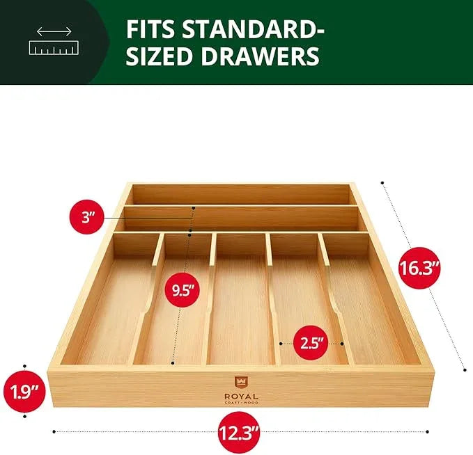 ROYAL CRAFT WOOD Luxury Bamboo Utensil Rack and Silverware Organizer, Kitchen Drawer Organizer - Utensil Holder and Cutlery Tray with Grooved Drawer Dividers for Flatware 7 Slot, Natural - ModernBath