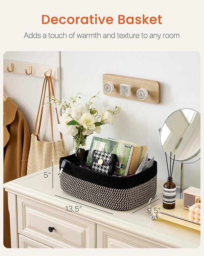 Small Woven Basket, 13.5 x 9.5 x 5 Inches, Storage Basket for Organizing, Cute Small Rope Shelf Closet Cube Storage Bins Baskets for Shelves, Dog Toy Gift Baskets Empty, 3 Pack Black & Brown - ModernBath