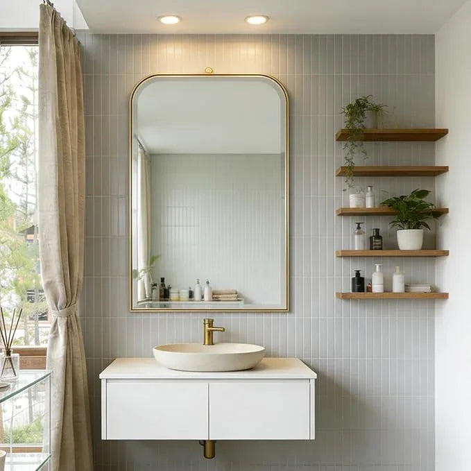 POZINO Brushed Gold Arched Mirror, 22"x35" Brass Vanity Oblong Mirror for Over Sink, Stainless Steel Frame Rounded Rectangle Mirrors for Bathroom Bedroom Living Room Entryway Hallway - ModernBath
