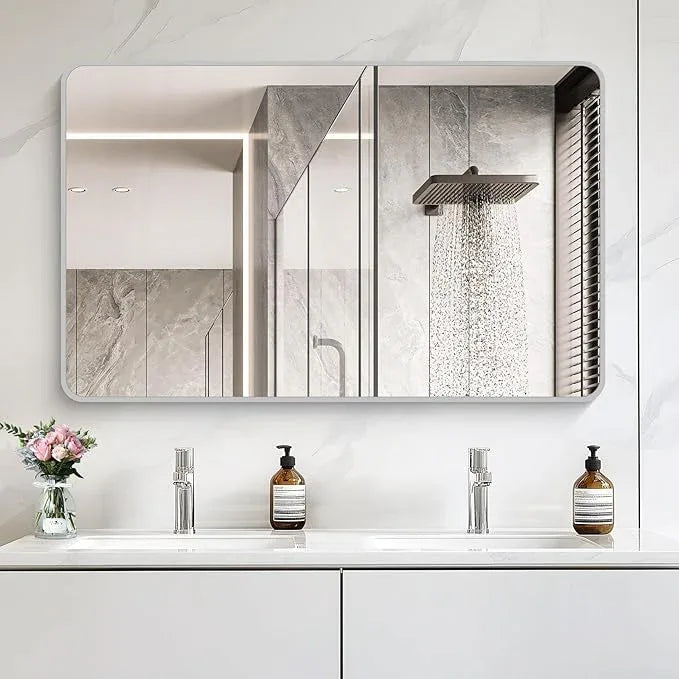 CIVENO 48x30 Inch Silver Bathroom Mirror, Metal Framed Silver Rectangle Mirrors, Rounded Rectangular Vanity Mirror, Wall Mounted Mirrors for Living Room Bedroom Entryway Hangs Horizontal or Vertical - ModernBath