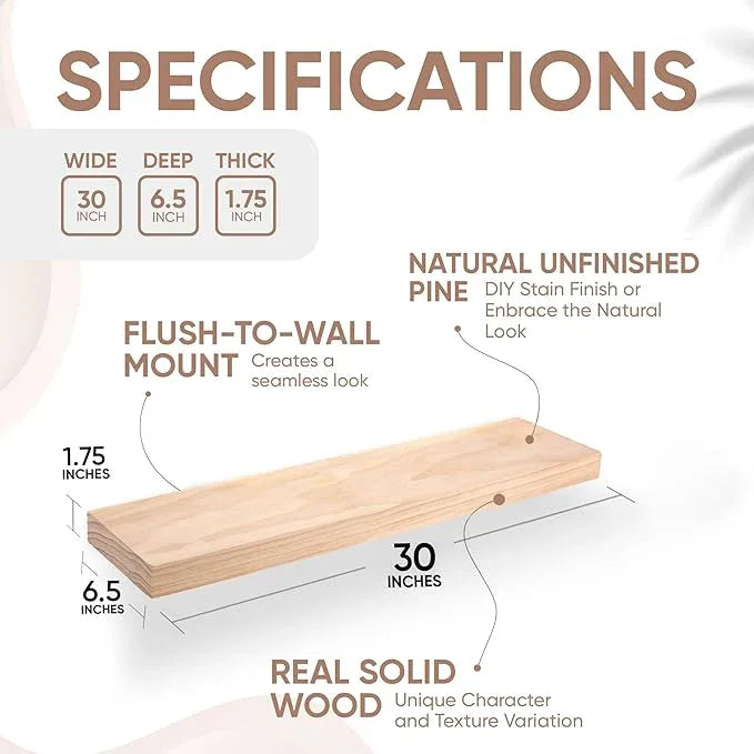Homeforia 30 inch Wood Floating Shelves, High End Solid Natural Wood 30inch Floating Shelf for Wall, Unfinished Wooden 30 inches Floating Shelves, Heavy Duty Bracket, 30 X 6.5 X 1.75 in, Set of 2 - ModernBath