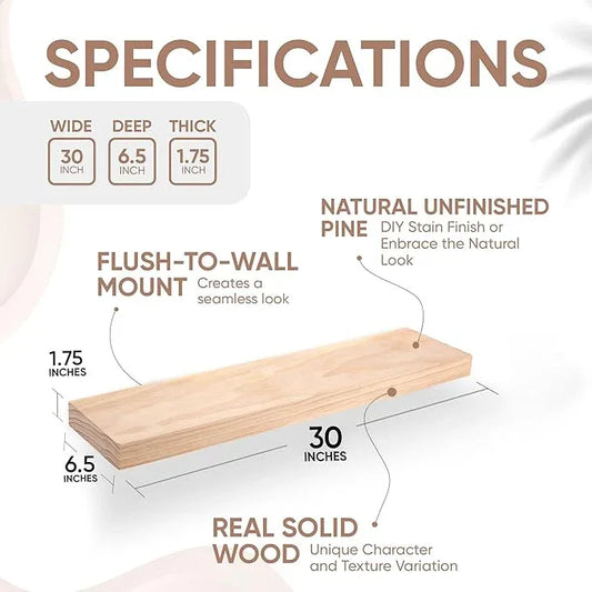 Homeforia 30 inch Wood Floating Shelves, High End Solid Natural Wood 30inch Floating Shelf for Wall, Unfinished Wooden 30 inches Floating Shelves, Heavy Duty Bracket, 30 X 6.5 X 1.75 in, Set of 2 - ModernBath