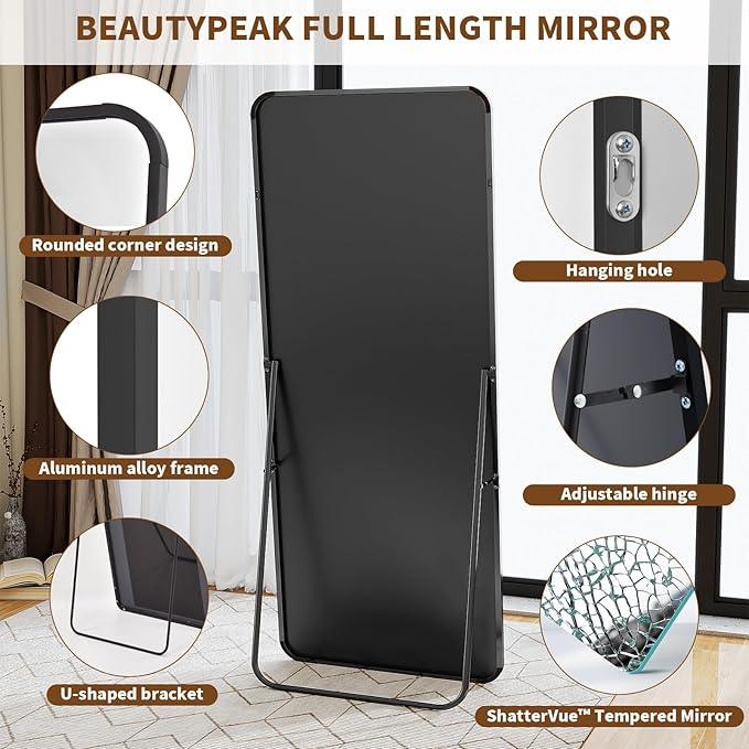 BEAUTYPEAK Black Full Length Mirror, 56"x21" Rounded Corner Floor Mirror Standing Hanging or Leaning Against Wall, Suitable for Bedroom or Dressing Room - ModernBath