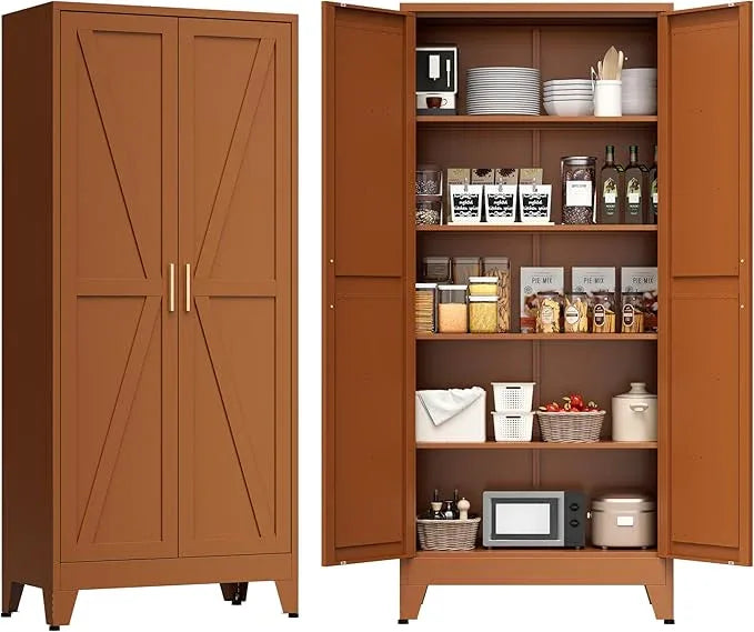 COFaR 5 Tier Metal Kitchen Storage Cabinets, 71" Pantry Cabinet with Doors and 4 Adjustable Shelves, Farmhouse Tall Cabinet for Pantry, Laundry Room,Living Room,Dinning Room (Antique Copper) - ModernBath