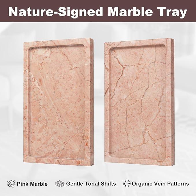 Natural Marble Rectangular Tray 10x6 Inch - Cream Rose Vanity Organizer for Bathroom, Coffee Table & Kitchen - Weighted Base - ModernBath