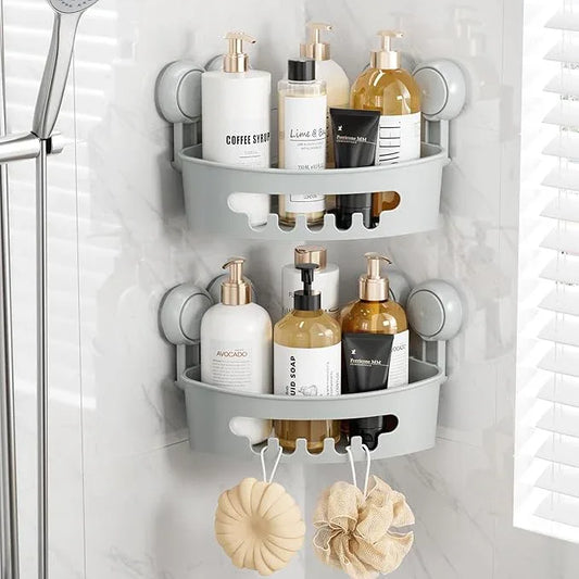 TAILI Suction Corner Shower Caddy, Bathroom Shower Shelf Storage Basket Wall Mounted Organizer for Shampoo, Conditioner, Plastic Rack for Kitchen & Bathroom, Drill-Free Removable (2 Pack)-Grey - ModernBath